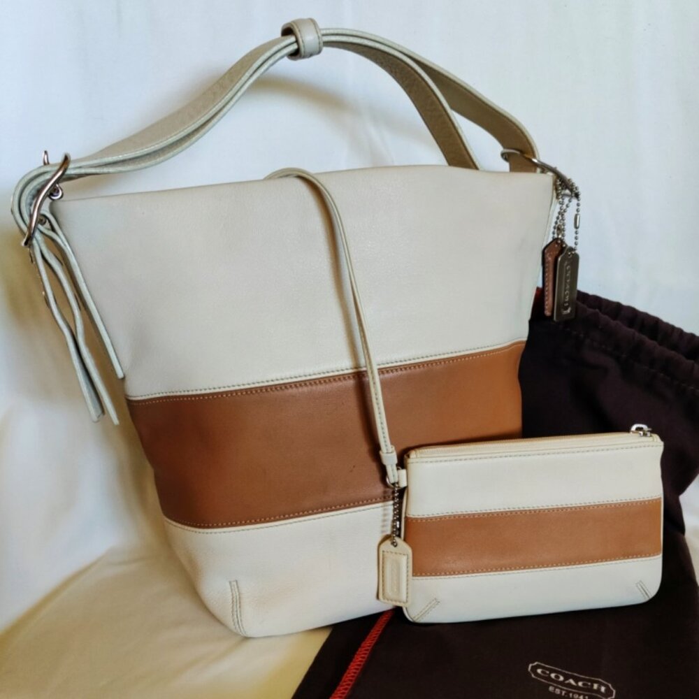 Coach Vintage Rugby Stripe Leather Duffle Sac Bucket Bag w/Matching Wristlet EUC